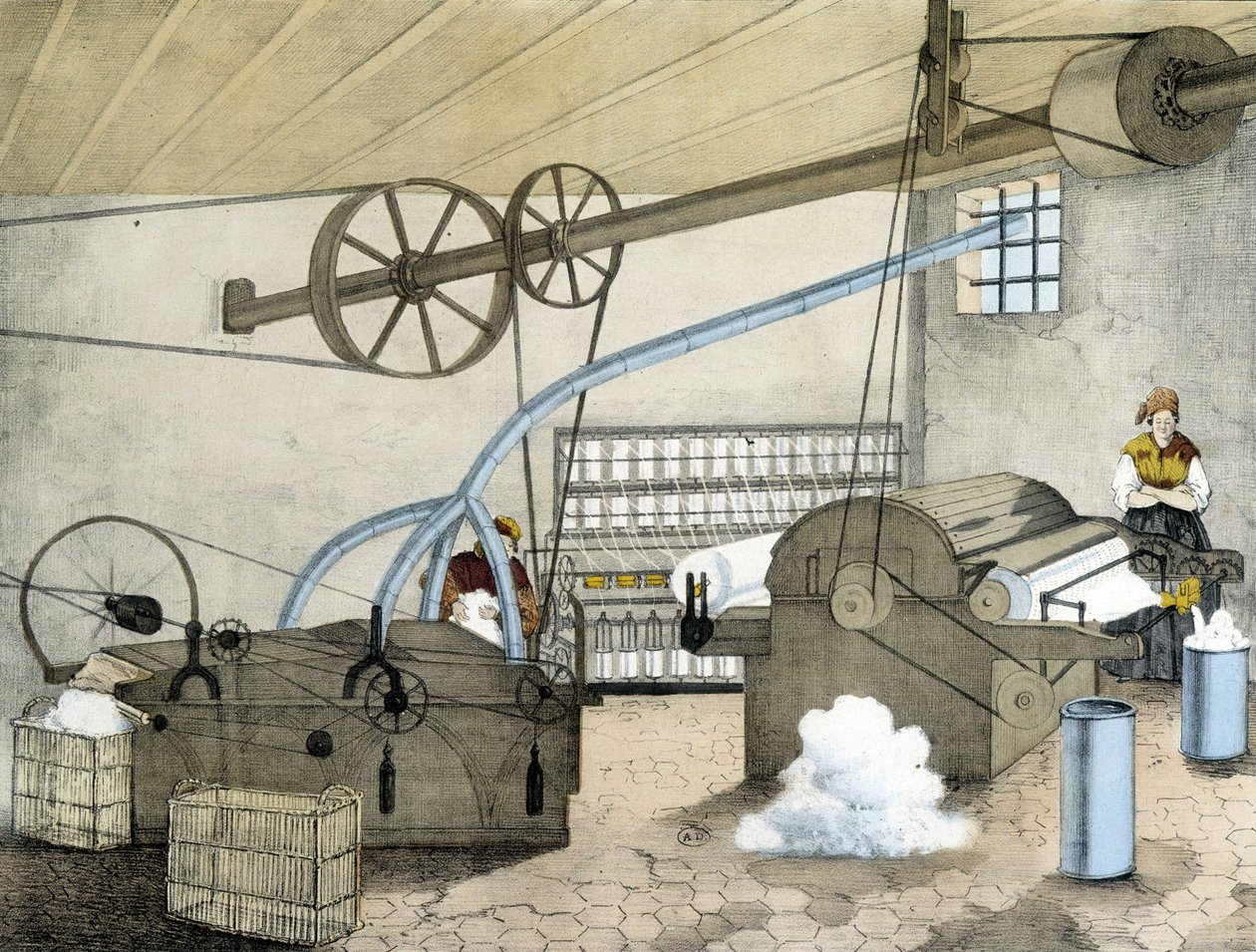 Mechanisch spinnen - litho door Janson. 19e eeuw. door Victor Janson