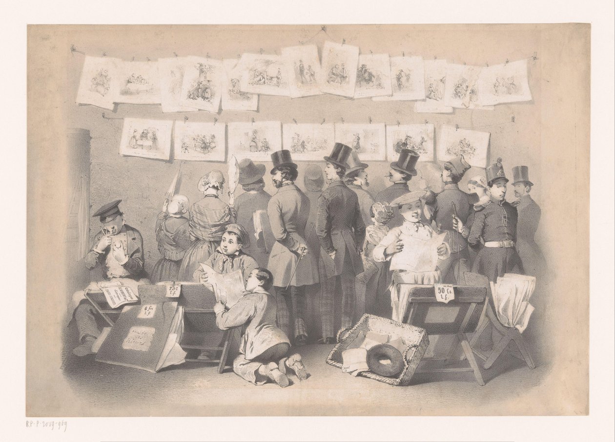 Titelprent met interieur van een prentenwinkel door Victor Jean François Dollet