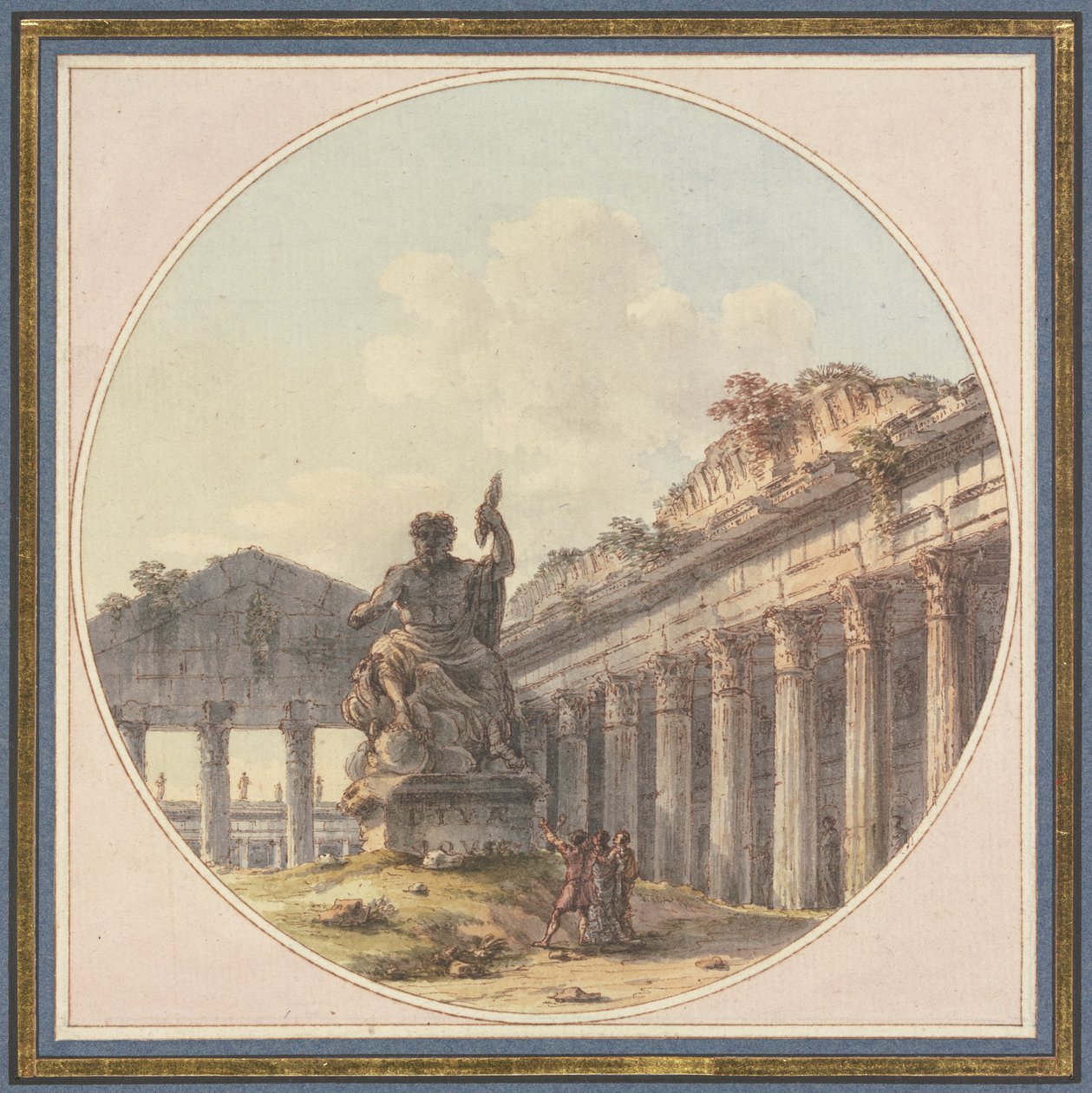Architectonisch capriccio: Interieur van een tempelruïne met een standbeeld van Jupiter Tonans en staffagefiguren door Victor Jean Nicolle