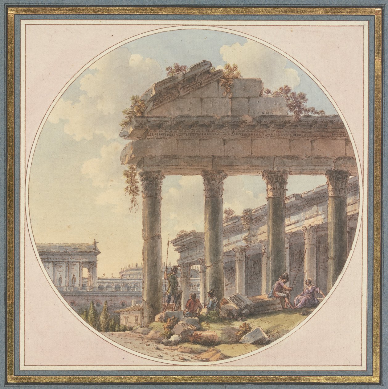 Architecturaal capriccio: tempelruïne en stoffagefiguren door Victor Jean Nicolle
