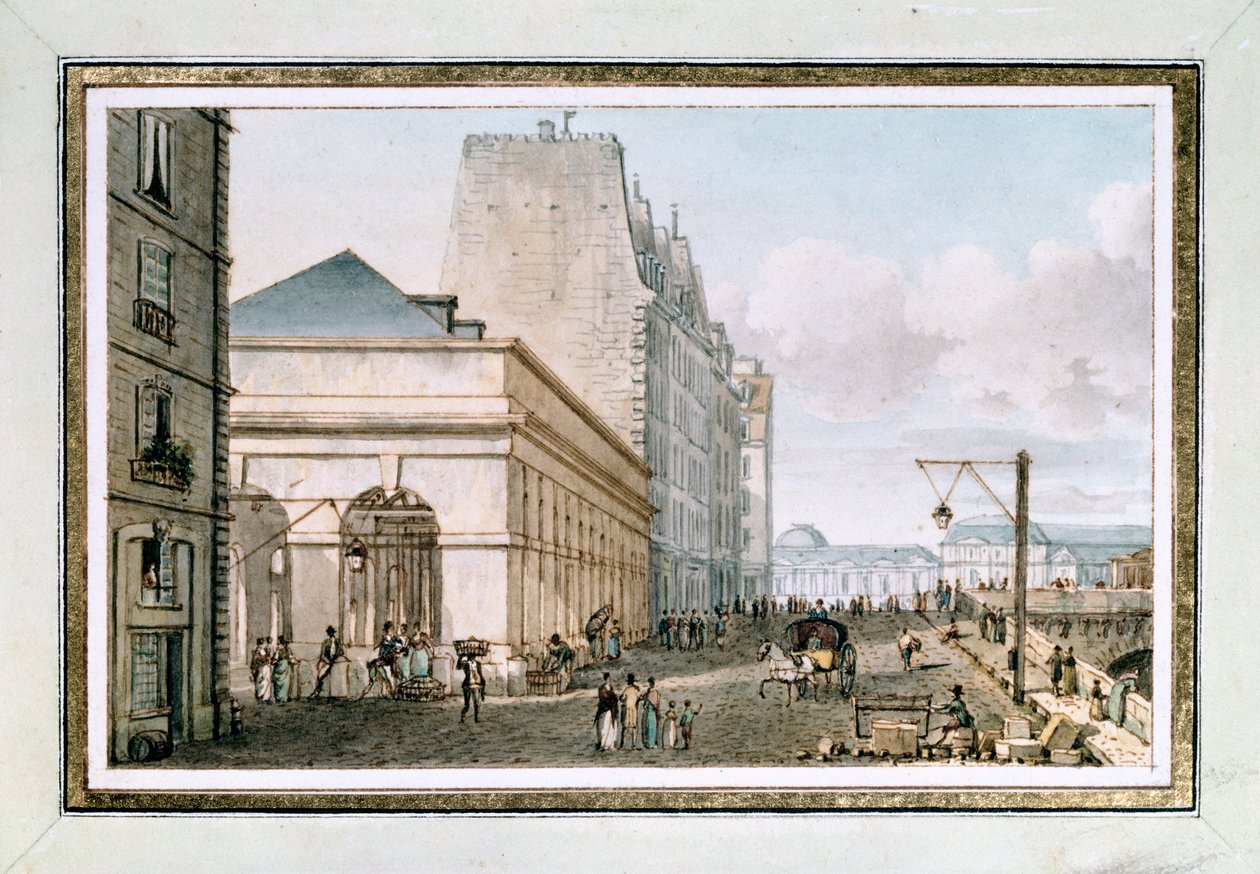 Uitzicht op de nieuwe Pluimveemarkt, gelegen aan de Quai des Augustins nabij de Pont-Neuf, Parijs, ca. 1810 door Victor Jean Nicolle
