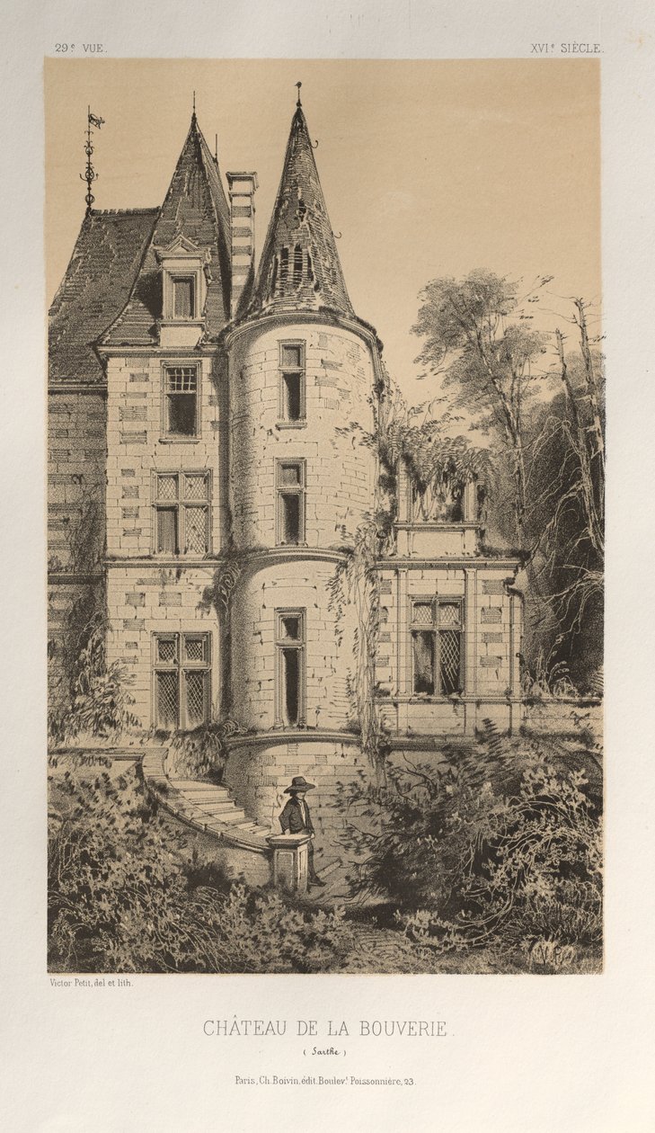 Pittoreske Architectuur of Monumenten van de 15e en 16e Eeuw: Kastelen van Frankrijk uit de 15e en 16e Eeuw: Pl. 29, Kasteel van La Bouverie (Sarthe) door Victor Petit