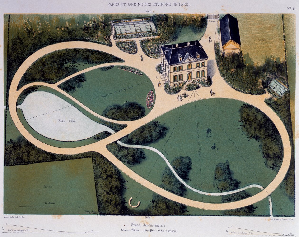 Grote Engelse tuin van 6300 vierkante meter, Illustratie uit Parcs et Jardins des environs de Paris door Victor Petit