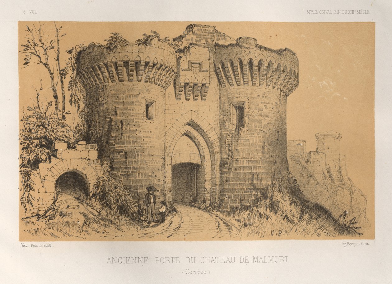 ...Pl.6, Oude Poort van het Kasteel van Malmort Correze, 1860 door Victor Petit