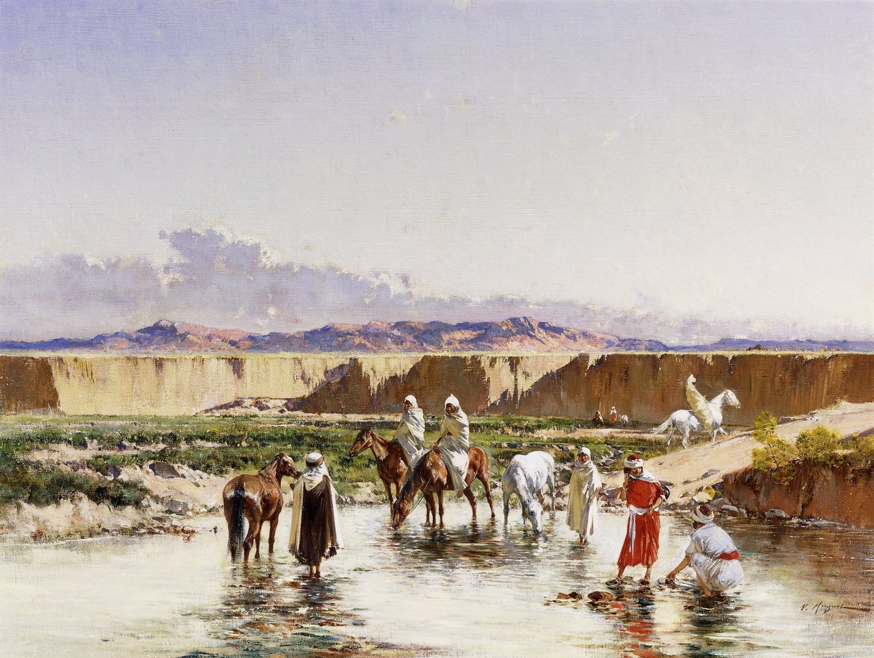 Arabische Ruiters die water drinken in een Oase door Victor Pierre Huguet