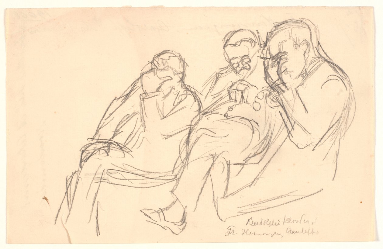 Figurenschets. Drie zittende mannen: Fr. Henningsen, Aarsleff en P. Johansen door Viggo Johansen