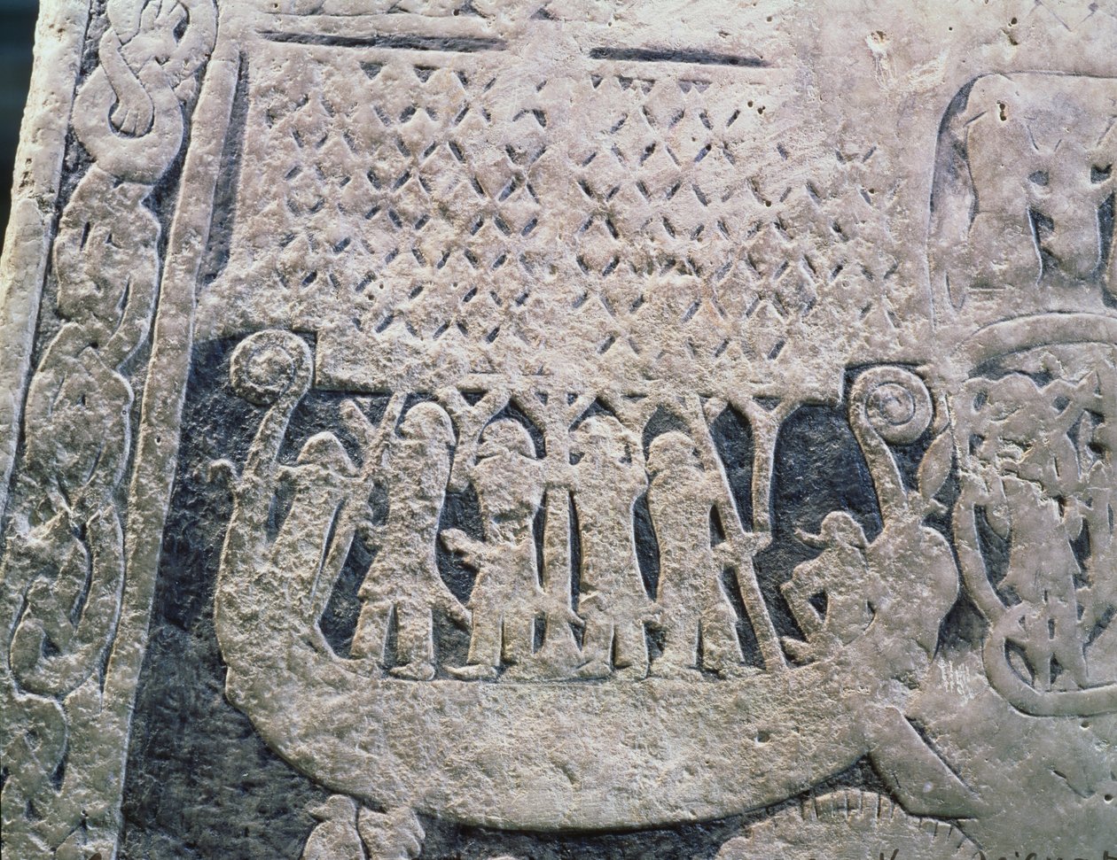 Detail van een beeldsteen die de laatste reis van de overledene uitbeeldt, van het eiland Gotland door Viking
