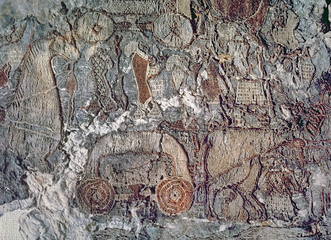 Detail van een dier dat een kar trekt, van een wandtapijt gevonden bij het Oseberg-schip door Viking