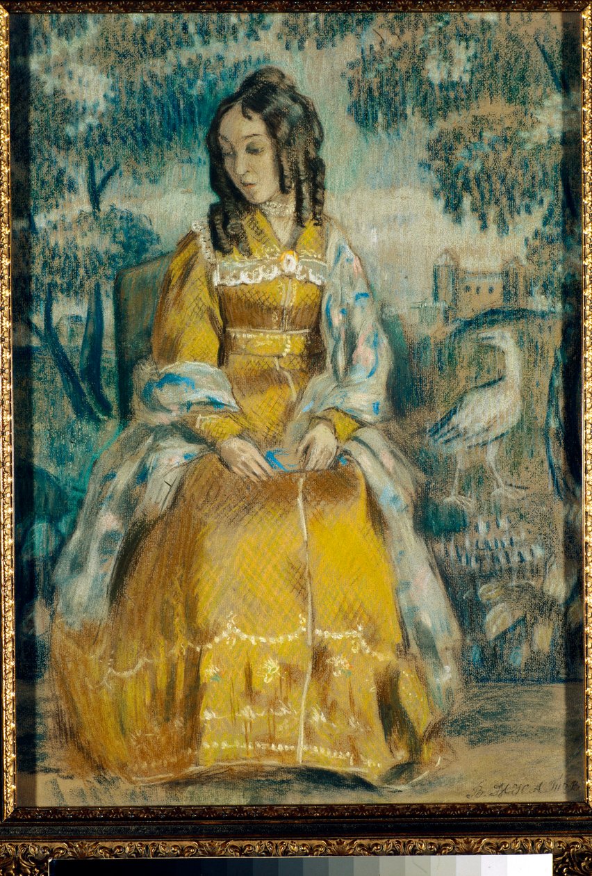 Portret van Nadezhda Stanyukovich voor een wandtapijt, peinzend, gekleed in een crinoline jurk door Viktor Elpidiforovich Borisov Musatov