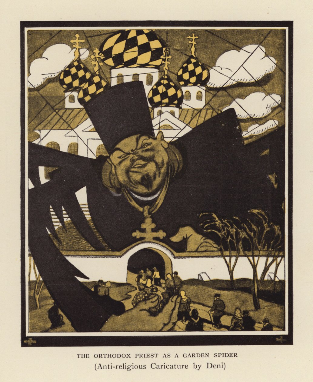 De orthodoxe priester als tuinspin (kleurenlitho) door Viktor Nikolaevich Deni