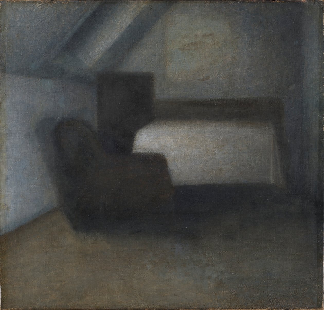 Zolderkamer met een tafel en een stoel door Vilhelm Hammershøi