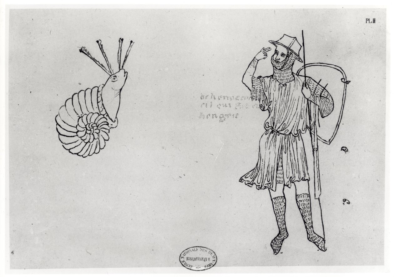Fol.2 Slak en Hongaarse soldaat (facsimile kopie) door Villard de Honnecourt