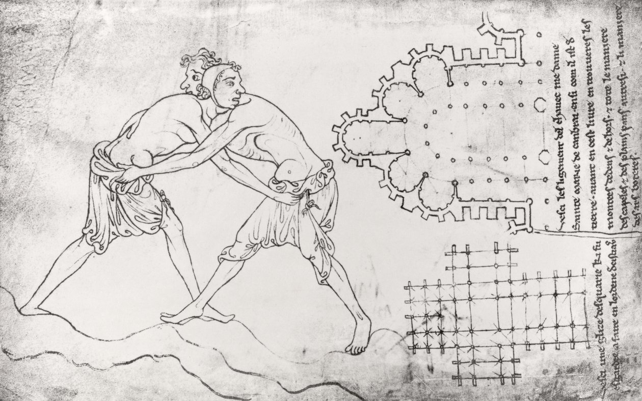 Ms.Fr.19093 fol.14v Twee worstelaars, plan van een cisterciënzer kerk en plan van het koor van Notre-Dame de Cambrai (facsimile kopie) door Villard de Honnecourt