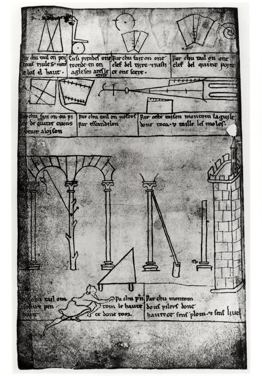 Ms.Fr.19093 fol.20v Geometrische figuren voor constructie, bogen en man die de hoogte van een toren meet (facsimile kopie) door Villard de Honnecourt