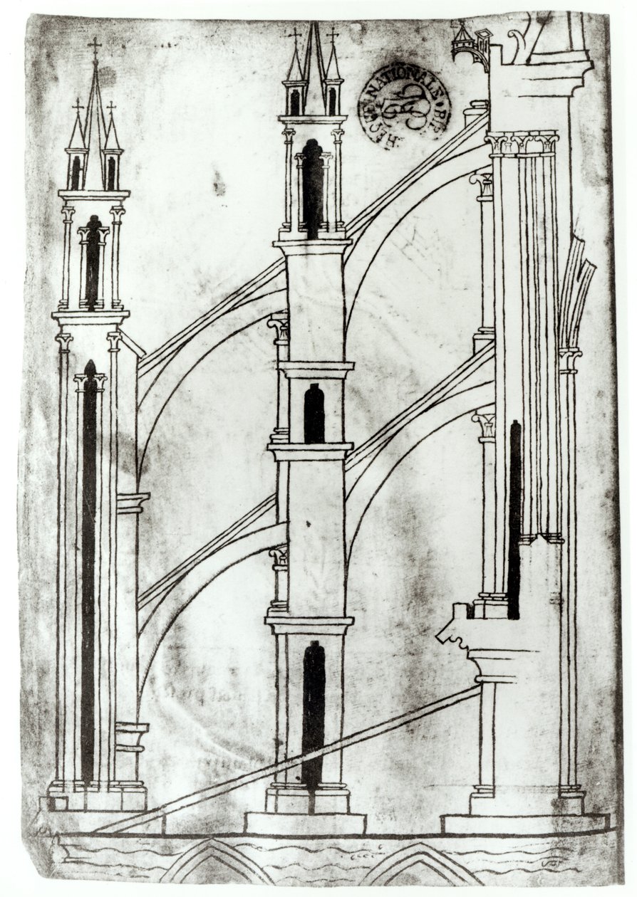 Ms Fr 19093 f.32v Sectie van de muur en boog van de absidiale kapellen van de Kathedraal van Reims (facsimile kopie) door Villard de Honnecourt