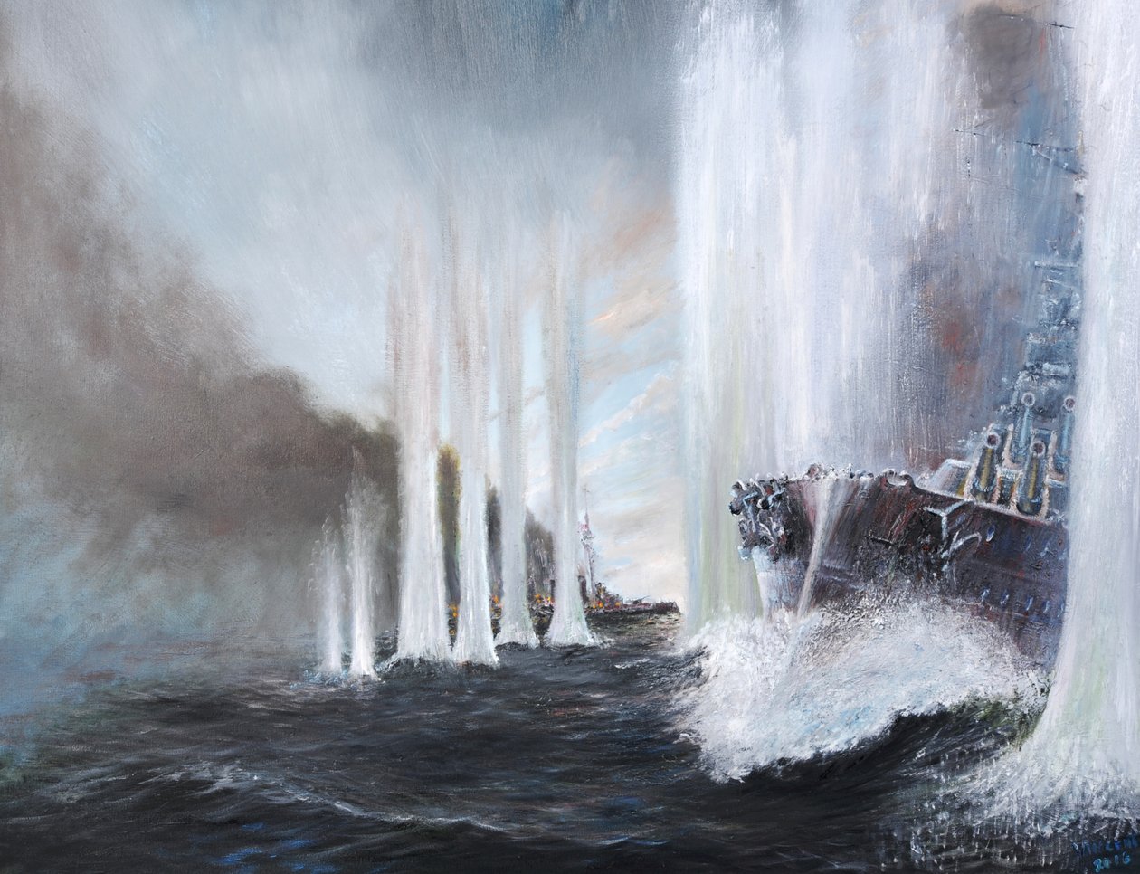 HMS Warspite cirkelt rond HMS Warrior bij Jutland, 31 mei 1916 door Vincent Alexander Booth
