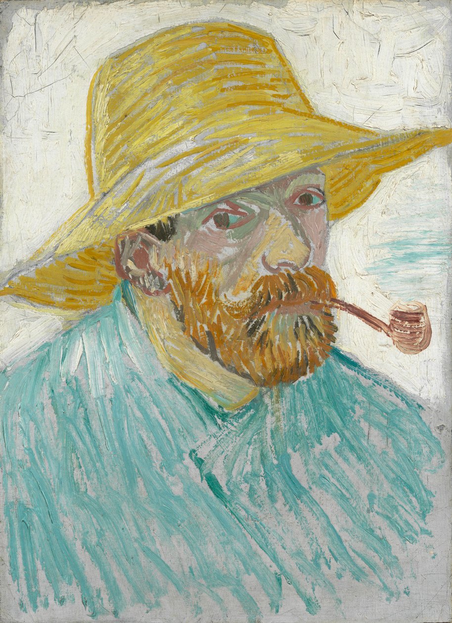 Zelfportret met pijp en strohoed door Vincent van Gogh