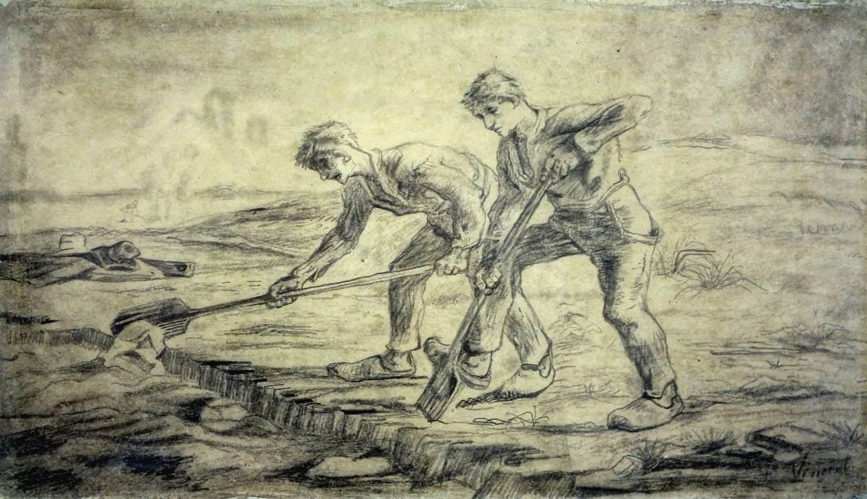 De spittende mannen bij het huis van Van Gogh in Cuesmes door Vincent van Gogh