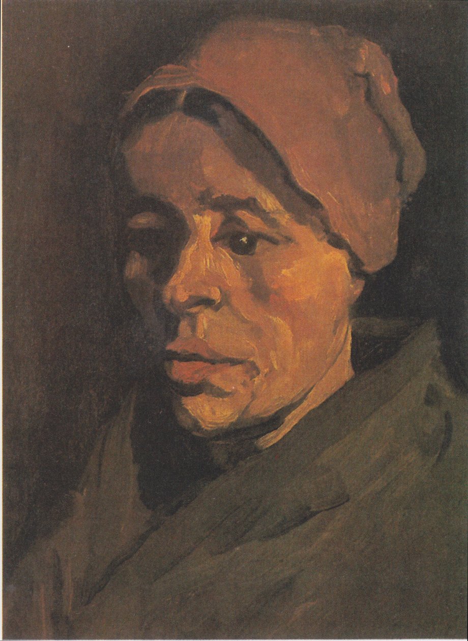 Hoofd van een boerin met bruine kap door Vincent van Gogh