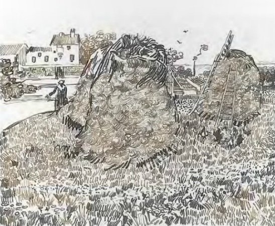 Hooibergen bij de boerderij door Vincent van Gogh