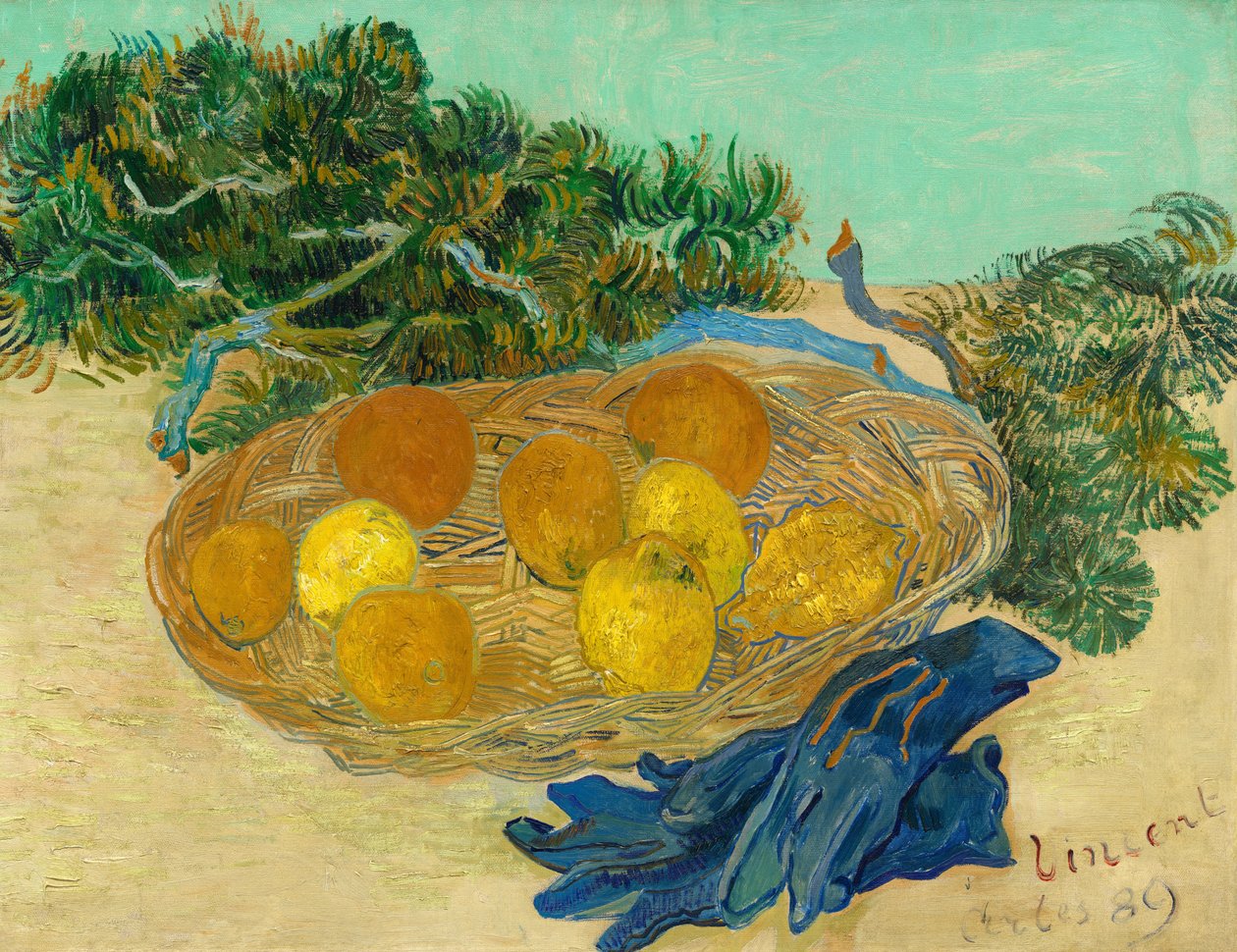 Stilleven van sinaasappels en citroenen met blauwe handschoenen door Vincent van Gogh
