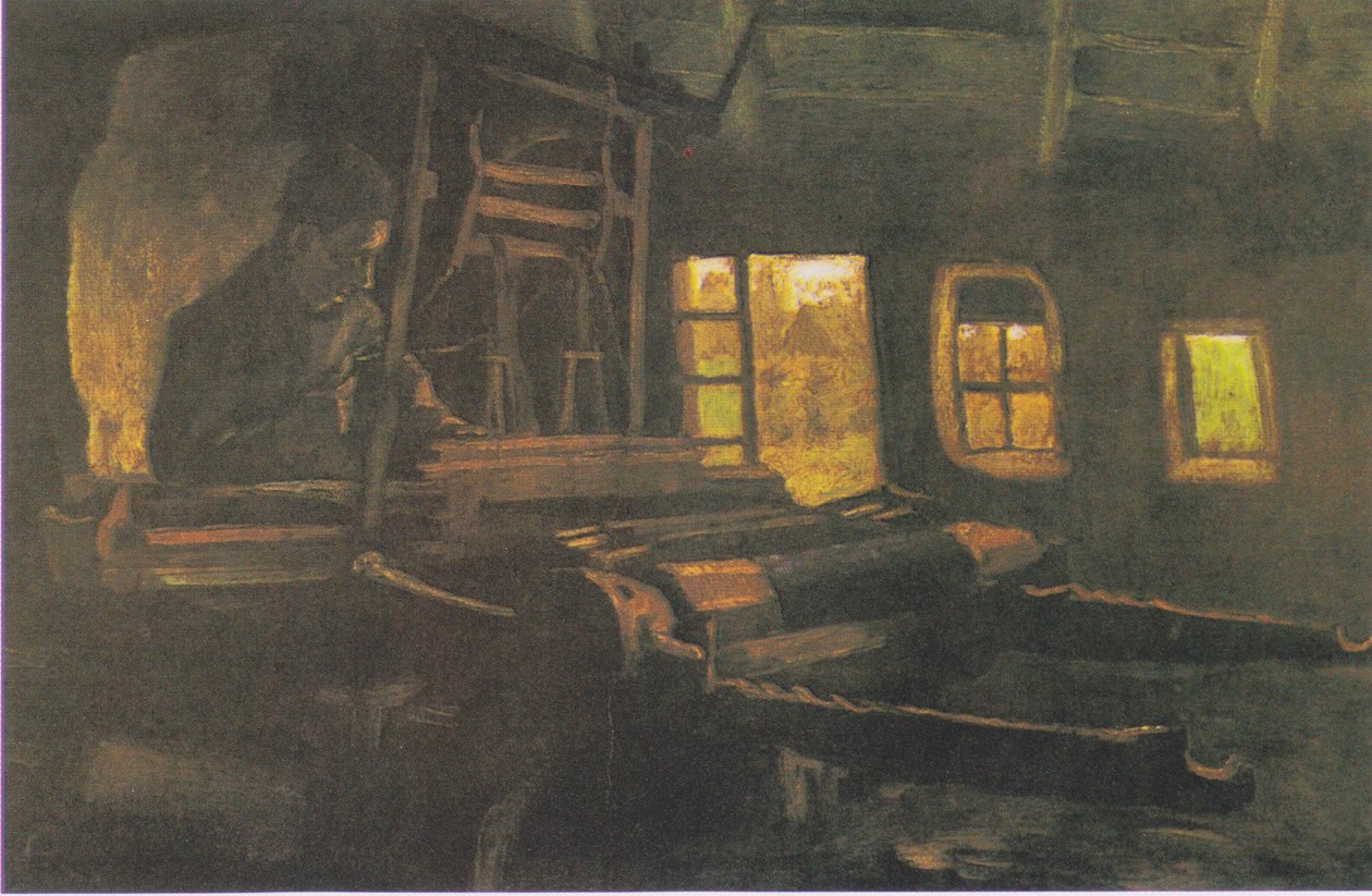 Wever in een kamer met drie smalle ramen door Vincent van Gogh