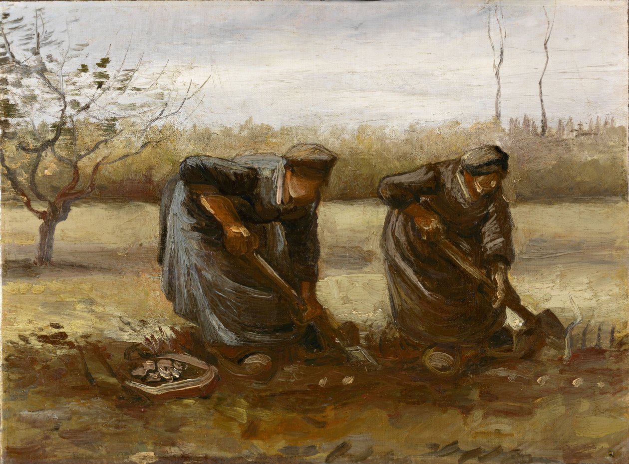 Twee boerinnen die aardappelen rooien, 1885 door Vincent van Gogh