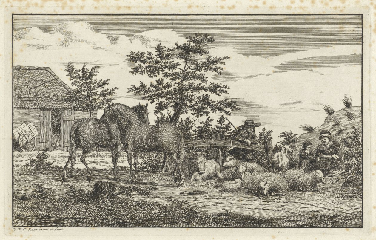 Herder bij zittende vrouw en kinderen bij schapen en twee paarden door Vincent Jansz. van der Vinne