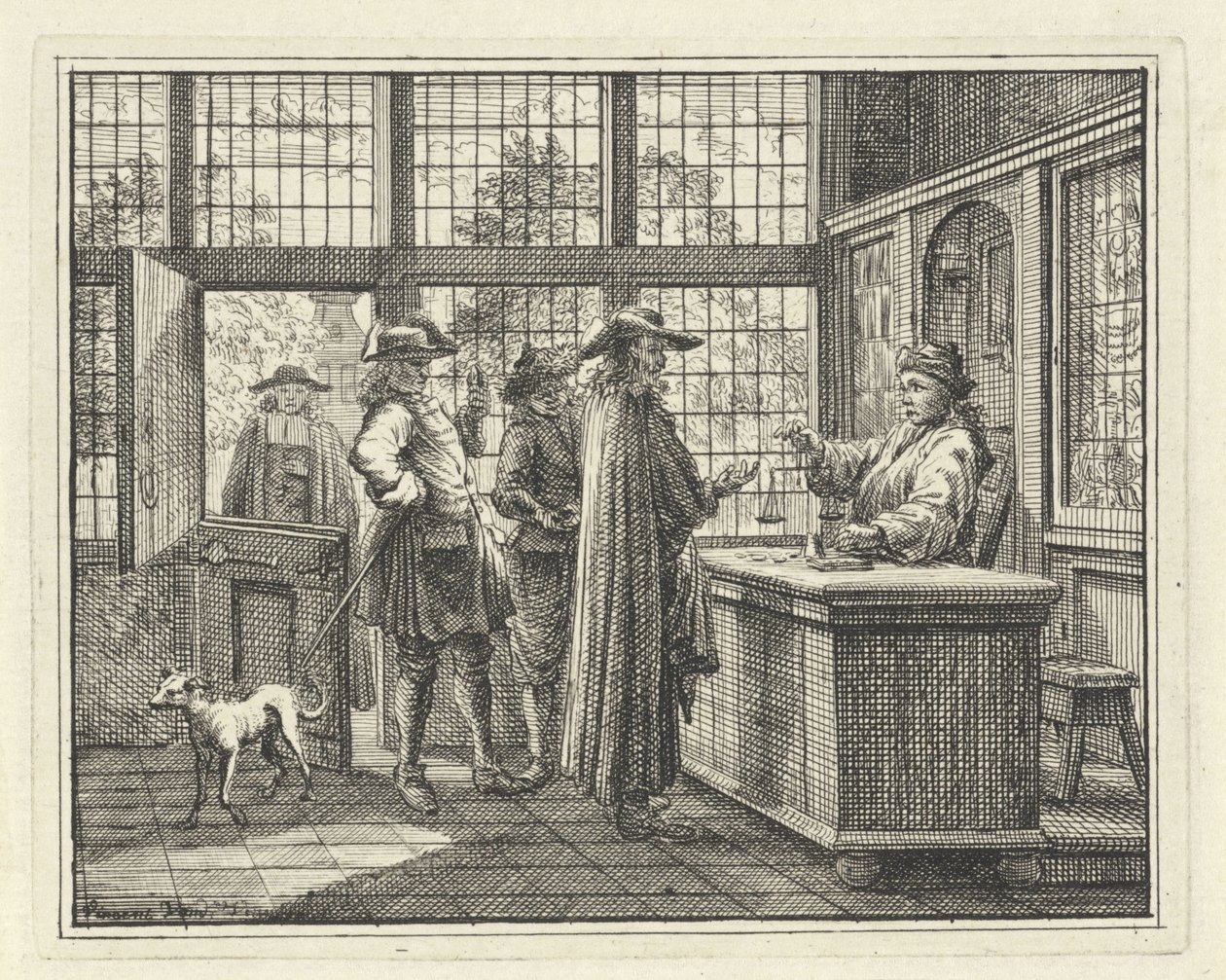 Interieur met goudweger en klanten door Vincent Laurensz. van der Vinne (II)