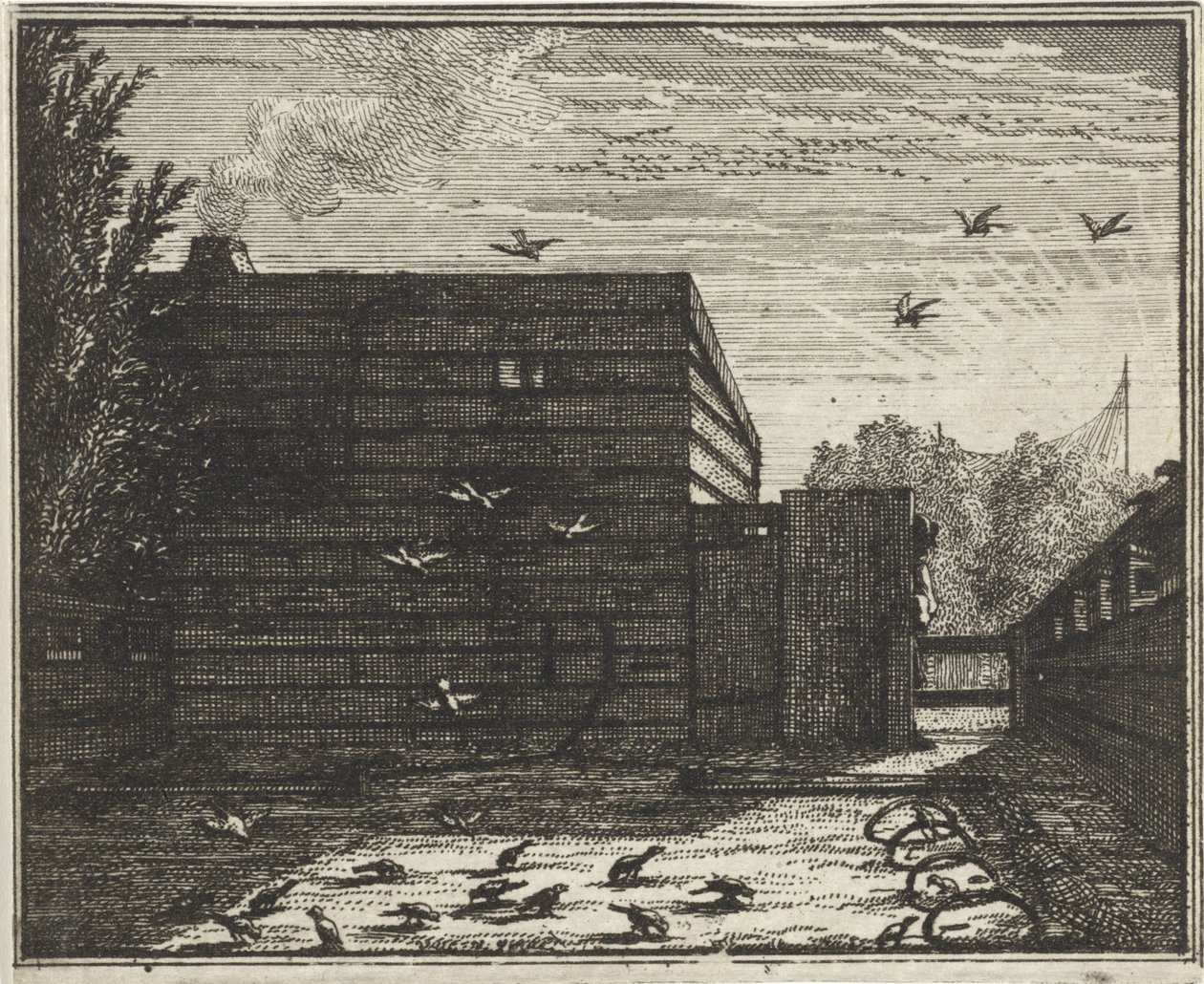Man achter een schutting bij een vogelval door Vincent Laurensz. van der Vinne (II)