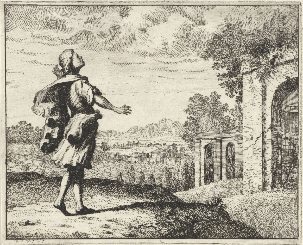 Man in een landschap opkijkend naar de hemel door Vincent Laurensz. van der Vinne (II)