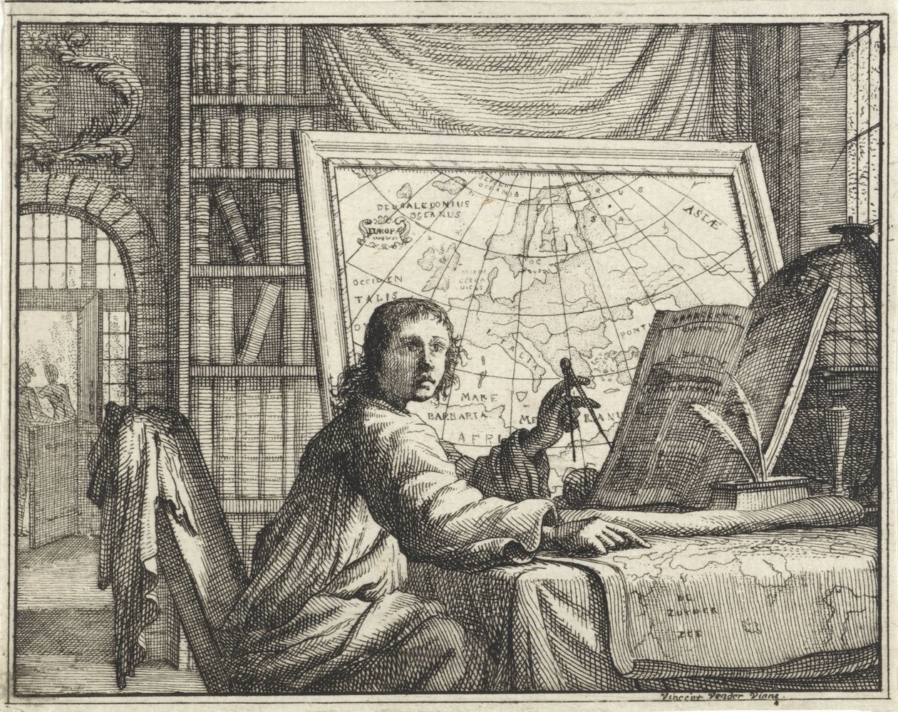 Man met passer bij landkaarten door Vincent Laurensz. van der Vinne (II)