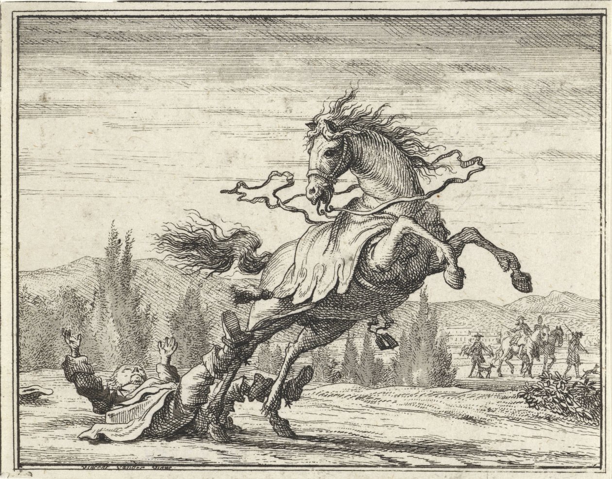 Man valt van een paard door Vincent Laurensz. van der Vinne (II)
