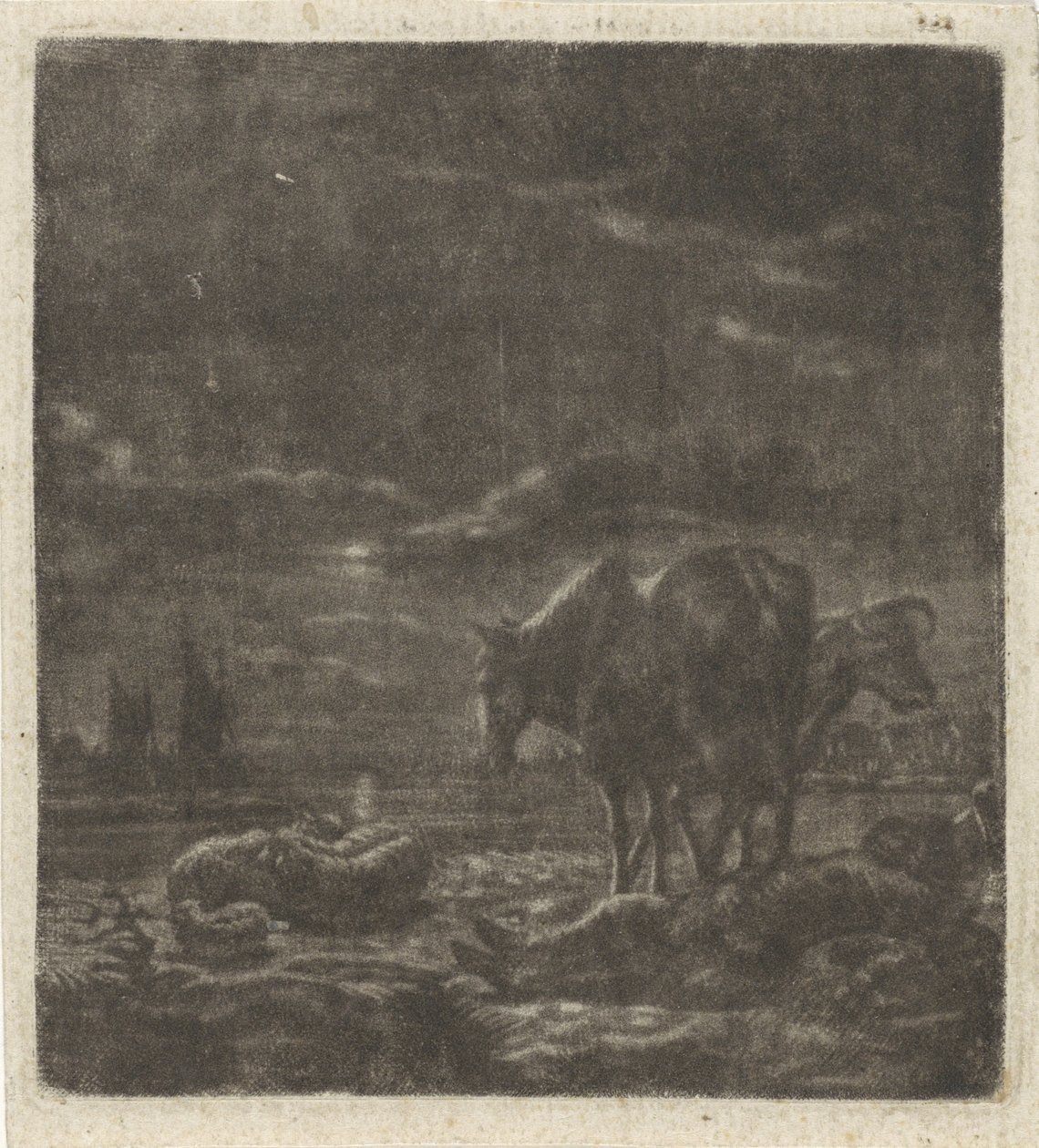 Nachtlandschap met slapende herder en vee door Vincent Laurensz. van der Vinne (II)