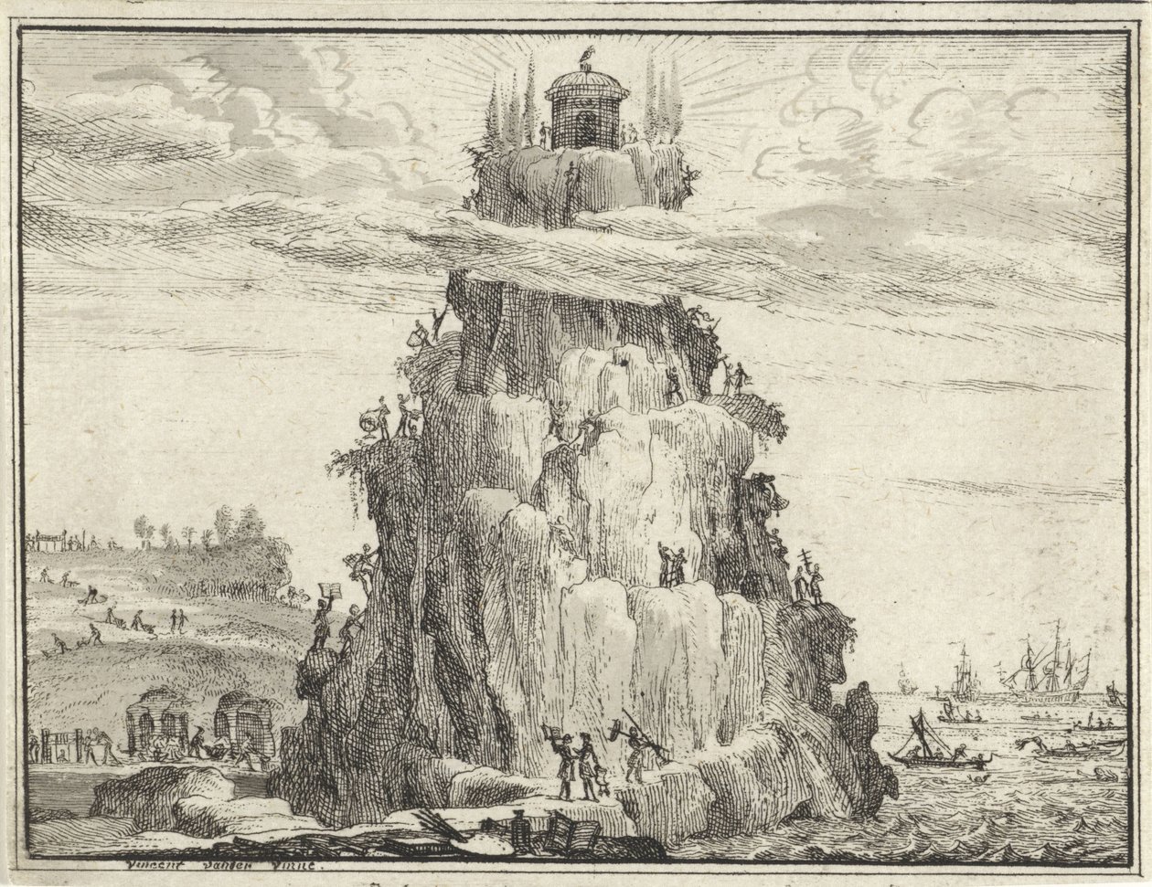 Tempel der wijsheid op een rots door Vincent Laurensz. van der Vinne (II)