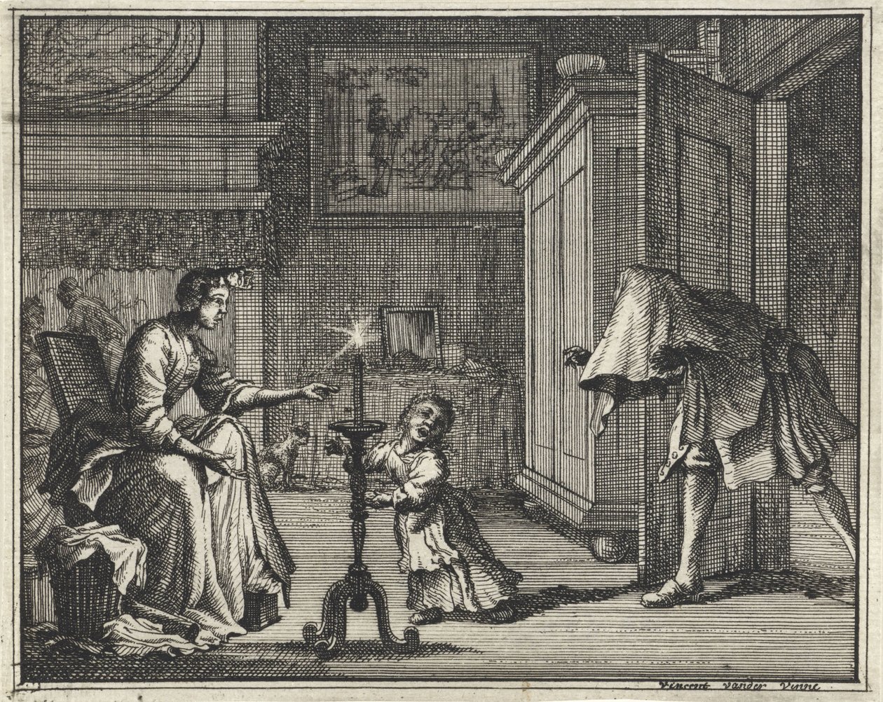 Vader maakt een kind aan het schrikken in een interieur door Vincent Laurensz. van der Vinne (II)