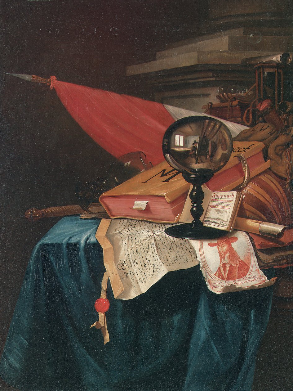Vanitas Stilleven met de Kunstenaar aan zijn Ezeltje Gereflecteerd in een Kristallen Bol door Vincent Laurensz van der Vinne