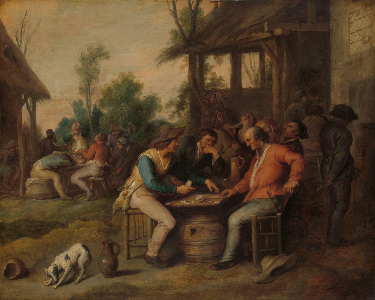 Twee mannen aan het kaarten buiten een herberg door Vincent Malò (II) (attributed to)