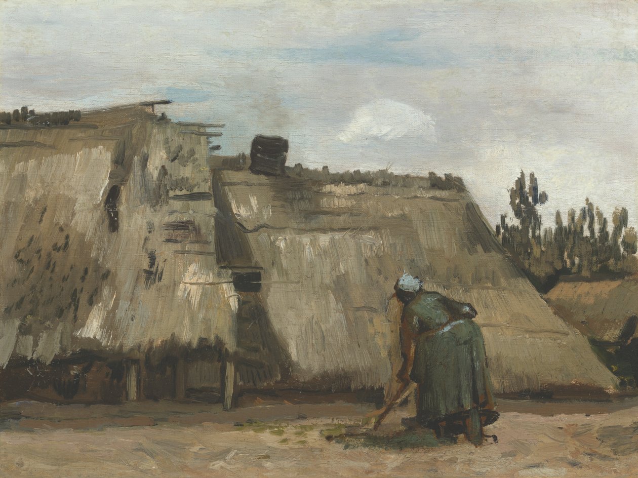 Een boerin graaft voor haar huisje door Vincent van Gogh