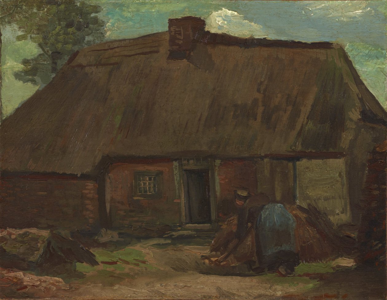 Huisje met gravende boerin door Vincent van Gogh