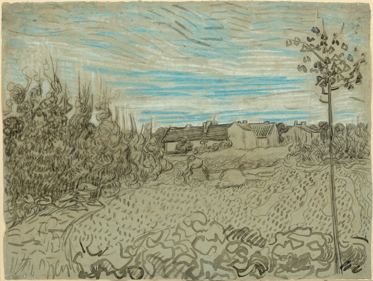 Huisjes met een vrouw in het midden door Vincent van Gogh