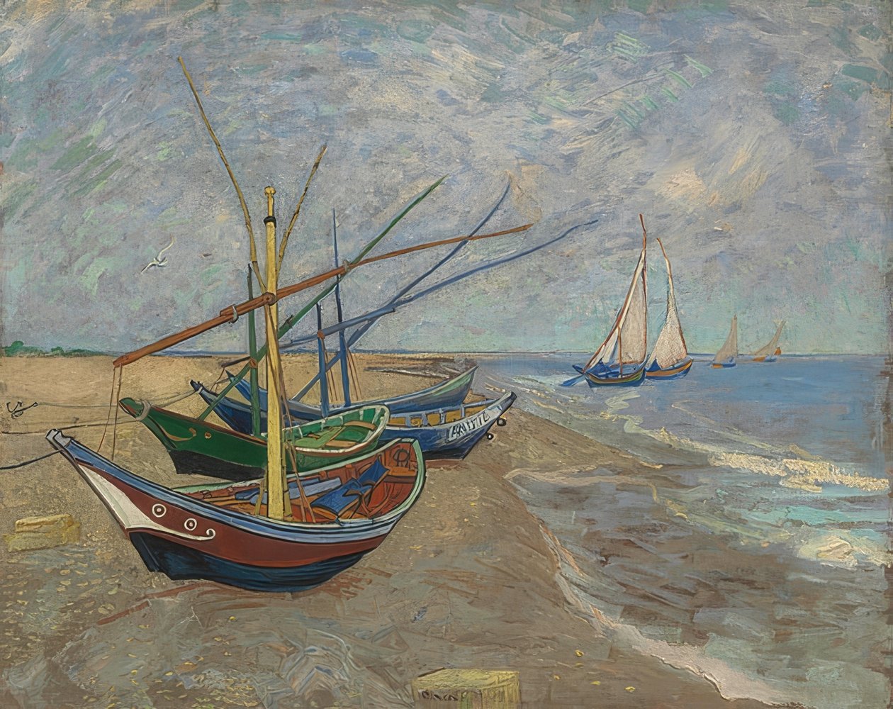 Vissersboten op het strand van Les Saintes-Maries-de-la-Mer. Arles, juni 1888 door Vincent van Gogh