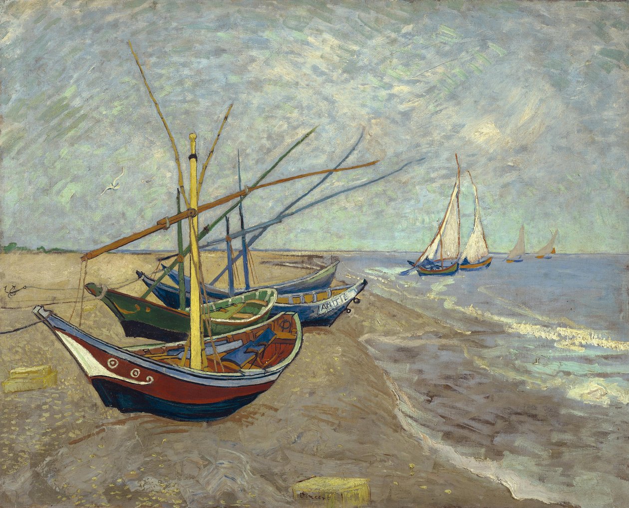 Vissersboten op het Strand van Saintes-Maries-de-la-Mer door Vincent van Gogh