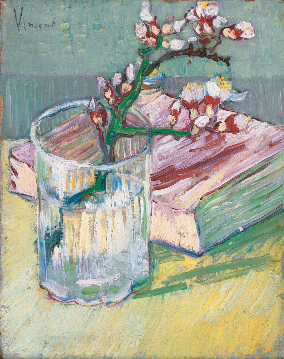 Bloeiende amandeltak in een glas met een boek, 1888 door Vincent van Gogh