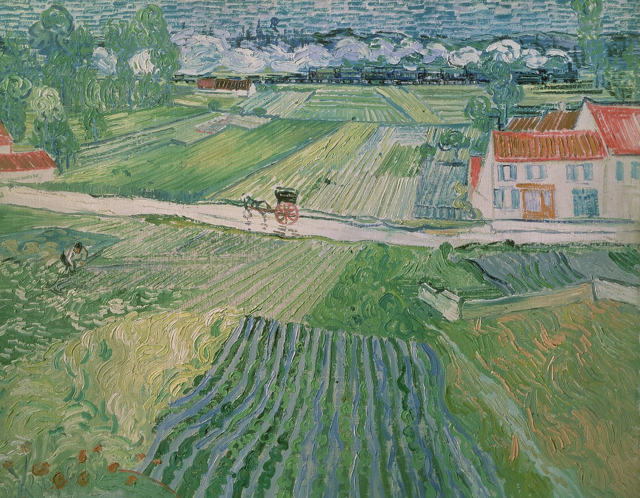 Landschap bij Auvers na Regen (Landschap met Koets en Trein) door Vincent van Gogh