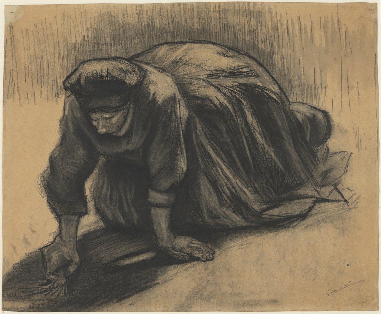 Knielende boerin die wortelen trekt door Vincent van Gogh