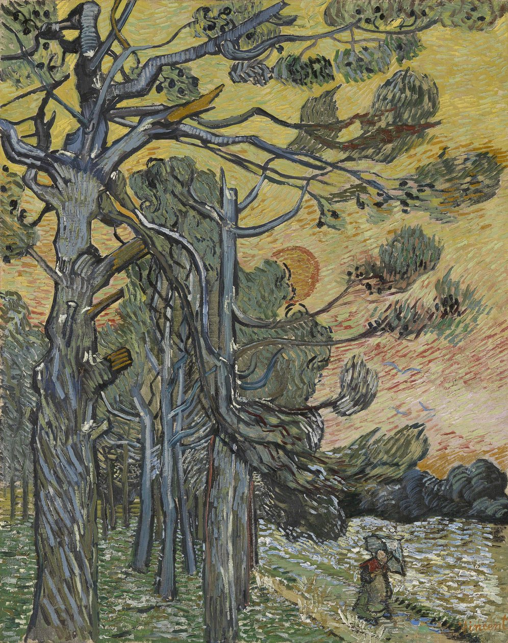 Dennenbomen bij zonsondergang door Vincent van Gogh