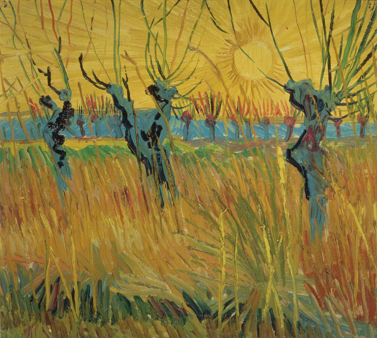 Geknotte wilgen en ondergaande zon door Vincent van Gogh