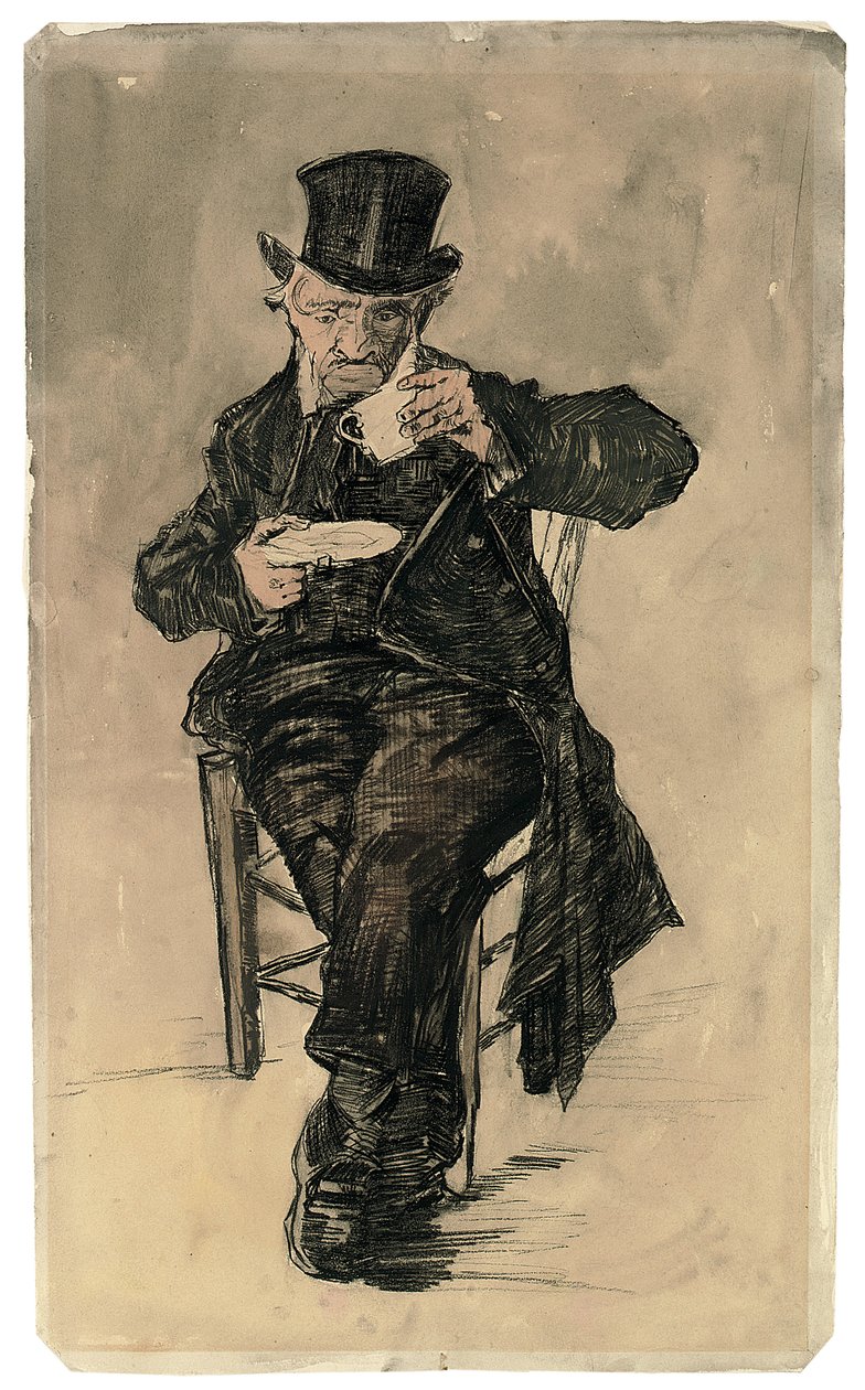Armenhuisbewoner met hoge hoed drinkt een kop koffie, 1882 door Vincent van Gogh