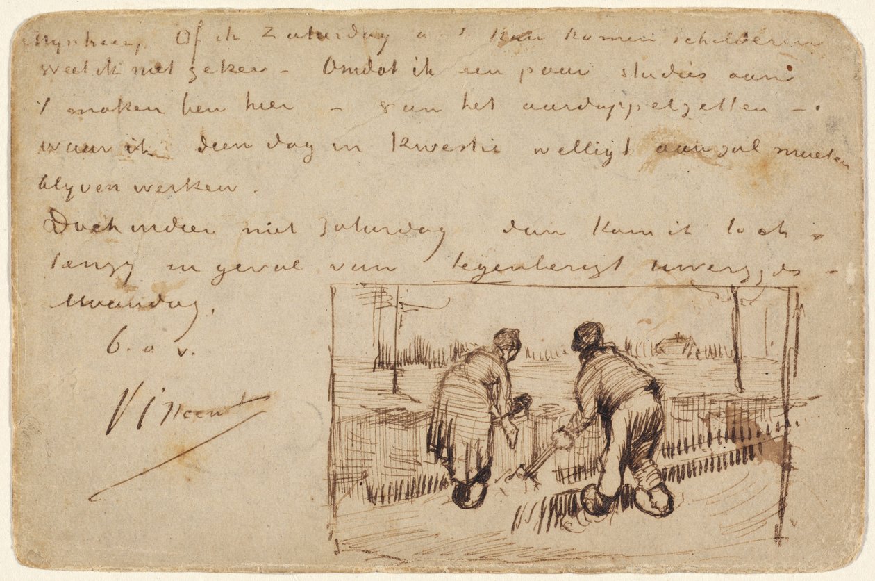 Ansichtkaart met Twee Boeren die Graven door Vincent van Gogh